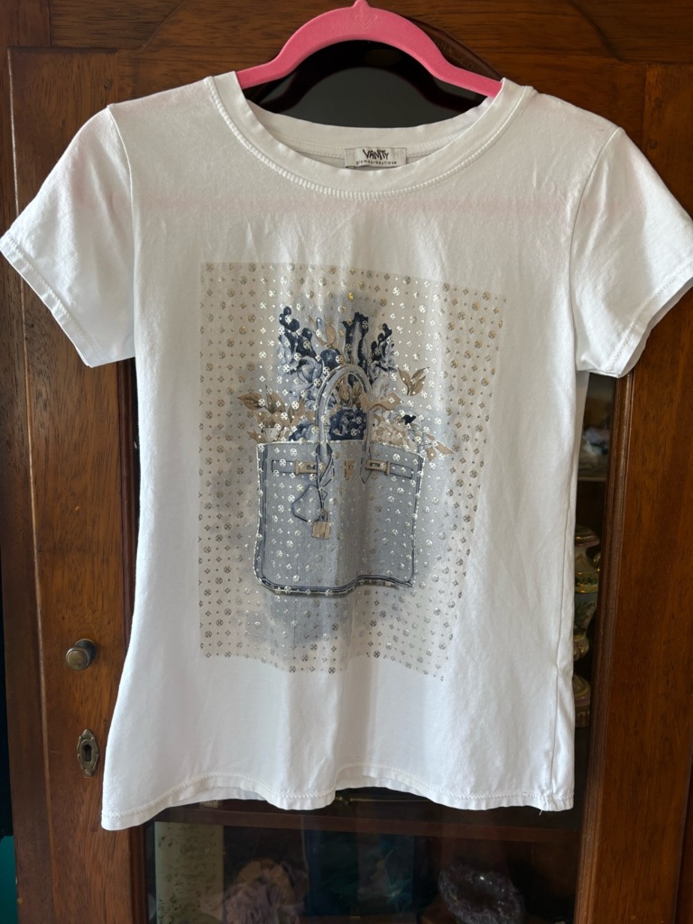 White Embellished Graphic Tee with Silver & Blue Accents